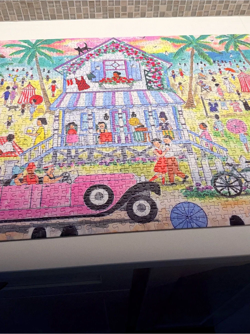 Seaside Beach House Puzzle - Pink Car Illustration